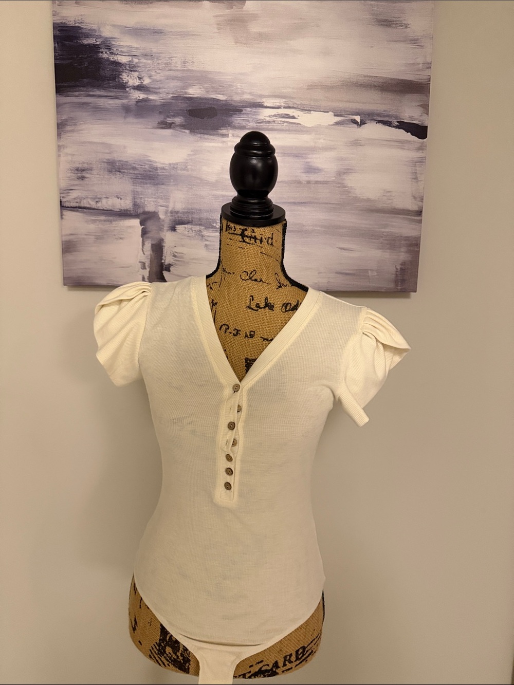 Women's Cream Puff-Sleeve Henley Bodysuit - Cream